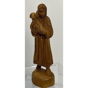 Vintage Folk Art Hand Carved Olive Wood SHEPHERD w/ Lamb Figurine - Garden Tomb